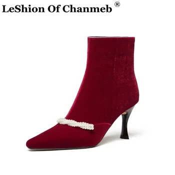 

LeShion Of Chanmeb Luxury Brand Designer Pearls Red Ankle Boots Women Elegant Velvet High Heels Short Boots Office Casual Shoes