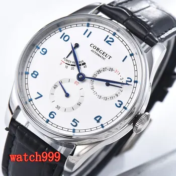 

Corgeut 42 mm White dial Stainless steel case power reserve men's watches blue number leather men's automatic mechanical watches