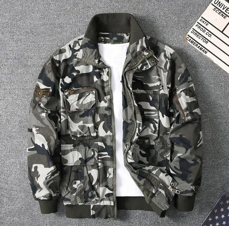 grey camo lined Осенняя Новая мужская камуфляжная военная куртка с несколькими карманами, армейская флисовая подкладка, пальто со стоячим воротником, свободная повседневная тактическая куртка-бомбер - Цвет: grey camo lined