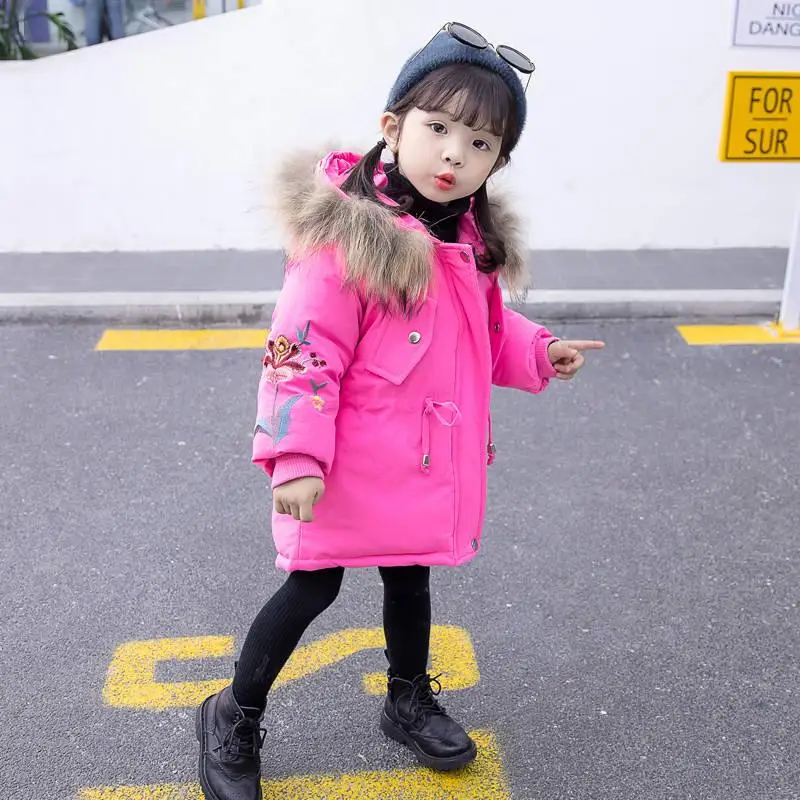 New Winter Fashion Girls Clothing Thick Warm Down Cotton Jacket Children Fur Collar Hooded Coat Embroidery Kids Clothes V03