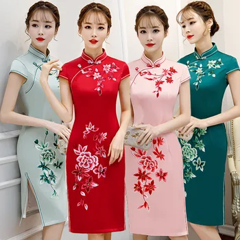 

FZSLCYIYI Hot-drilling Cheongsam Young Sexy Improved Embroidery Qipao flwour Chinese style Evening Dress