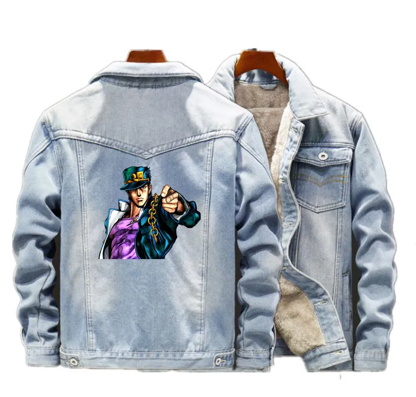 JoJos Bizzare Adventure зимняя мужская теплая флисовая джинсовая куртка Джонатан модные джинсы Повседневная куртка-бомбер в стиле хип-хоп Ретро Уличная одежда - Цвет: B