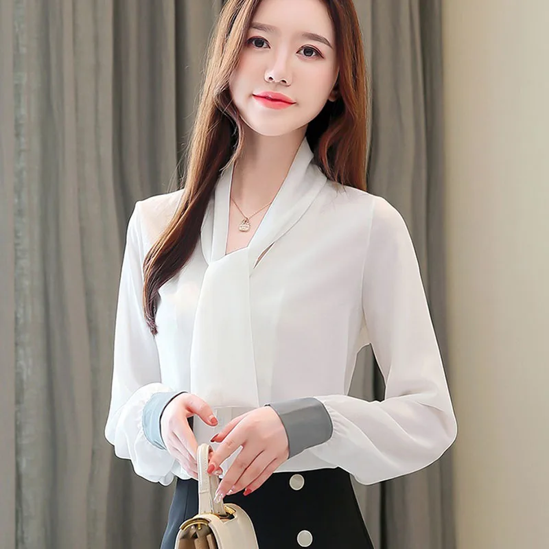 

2020 Spring New Women's Plus size 2xl Long sleeve Solid Chiffon Blouse Korean Loose Lace up Long sleeve Shirt 0ffice lady Tops