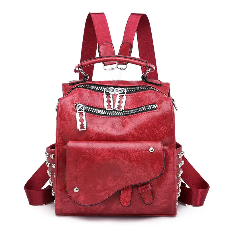 Дизайн заклепки женский кожаный рюкзак рюкзаки кошелек винтажная женская сумка маленький дорожный рюкзак леди мочила feminina - Цвет: Red