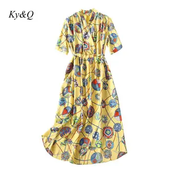 

Brand Design Women Beach Sexy Dress 2020 Summer Yellow Print Women Fashion V-neck Long Dress Short Party Clothes