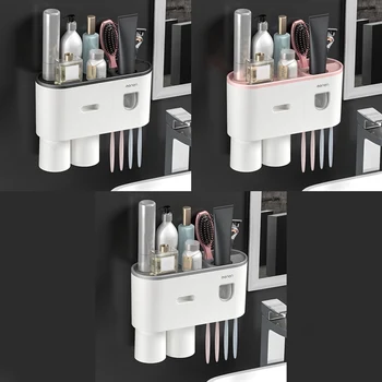 

Toothbrush Holder Automatic Toothpaste Dispenser With Cup Wall Mount Toilet Storage Rack Bathroom Accessories Set