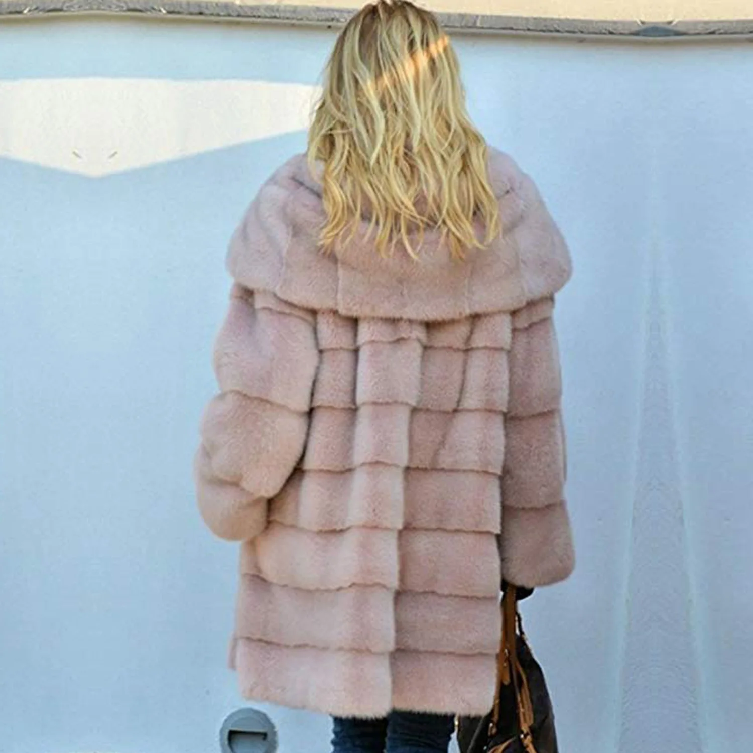 

Women's Winter Fur Coat Woolen Mid-length Solid Loose-Fit Plush Hooded Overcoat Imitation Fur Warm Overcoat