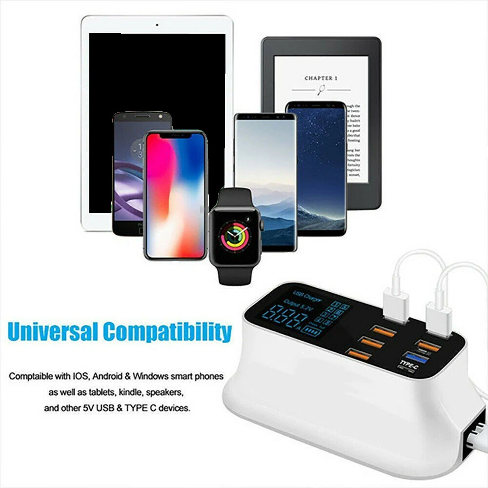 8 Port Quick Charge 3.0 Smart USB Type C Charger Station Led Display Fast Charging Phone Tablet USB Charger For iPhone Samsung
