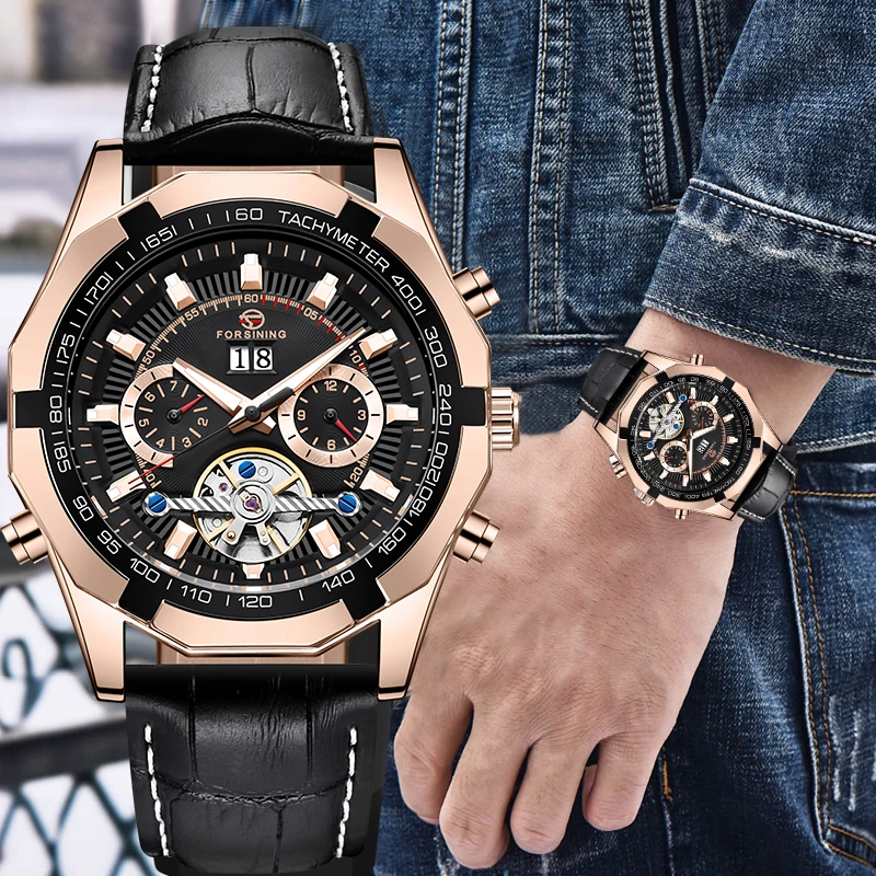 

FORSINING Luxury Rose Golden Men Auto Mechanical Watches 3D Design Leather Strap Tourbillion Sub-dial Multi-function WATCH