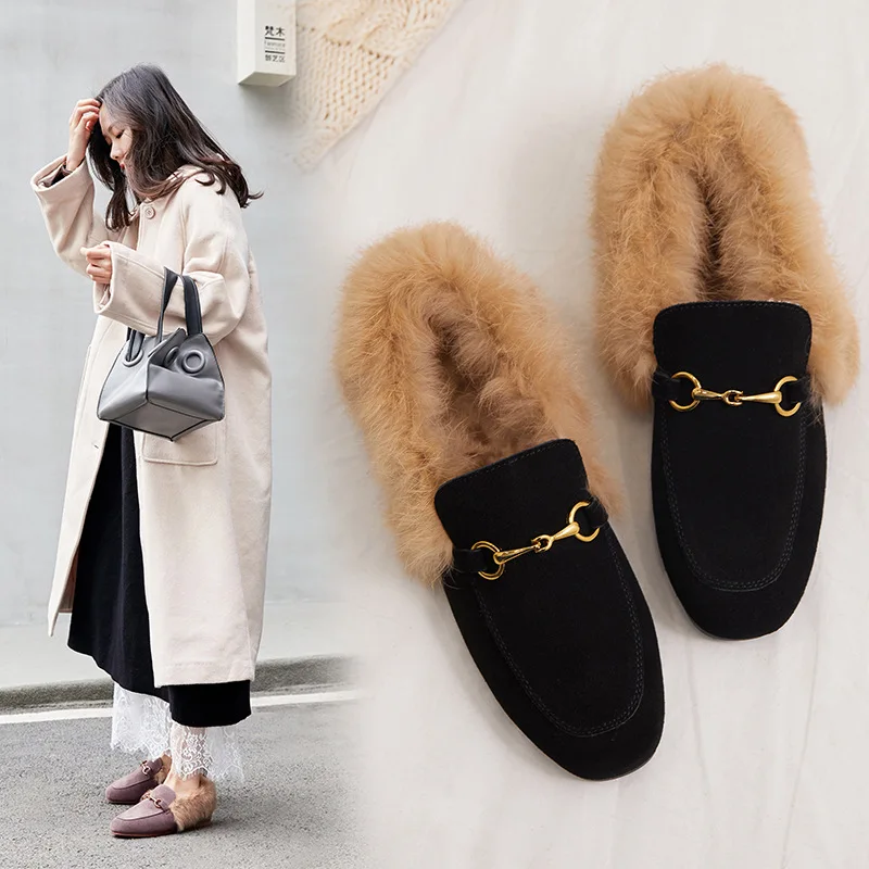 

2019 Spring New Style Fluffy Shoes Women's Outer Wear plus Velvet Flat Lazy Slip-on Low-top Shoes Genuine Leather Really Rabbit