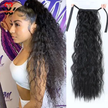 

MANWEI Wavy Blonde Ponytail Synthetic Hairpiece Wrap on Clip Hair Extensions Brown Pony Tail for Women Black Fake Hair
