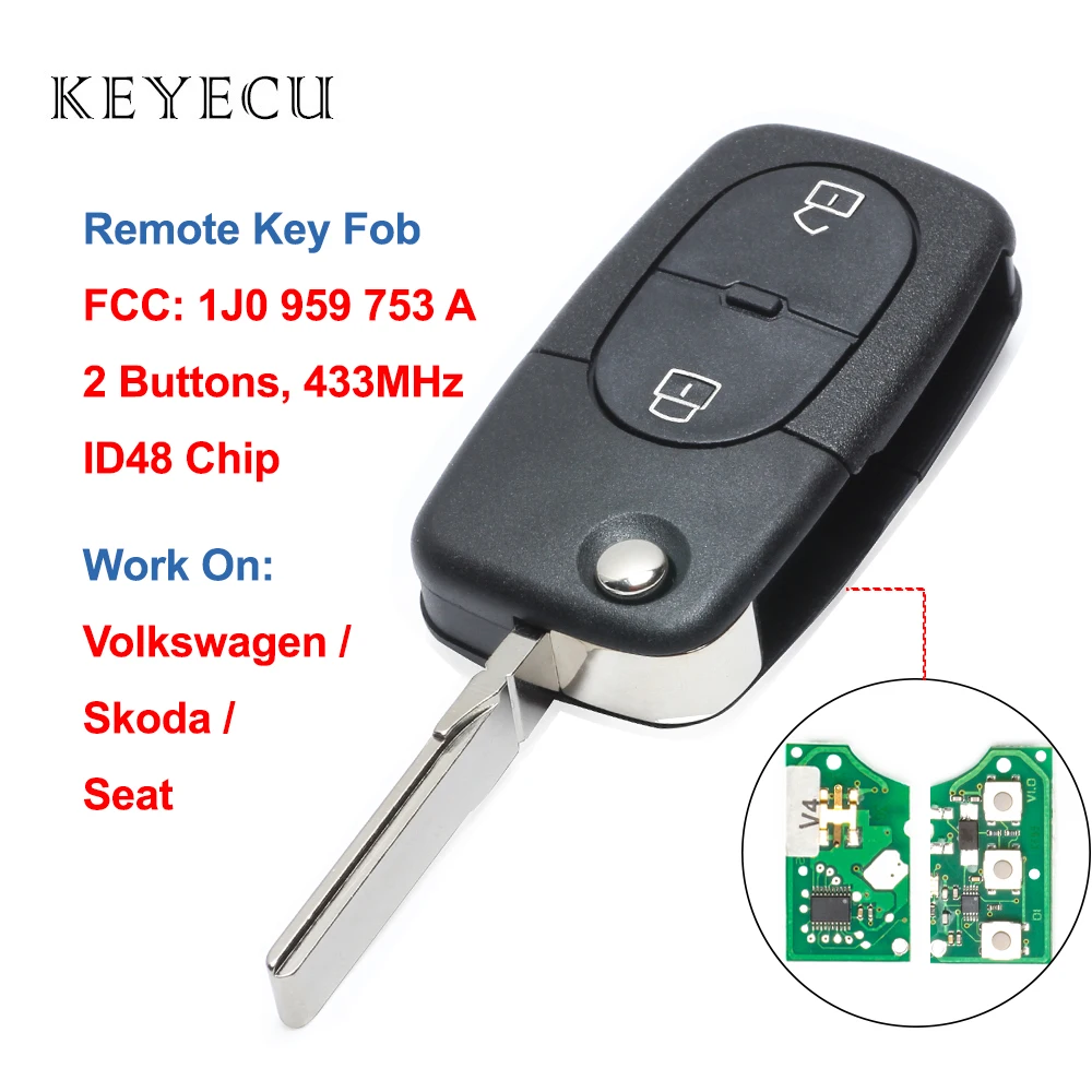 Keyecu дистанционный ключ 2 кнопки 433 МГц для Volkswagen VW Golf Passat Beetle для Seat Leon Toledo для Skoda Octavia-1J0 959 753 A