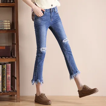 

Autumn Light Blue Hole Hair Whiskers Slightly Jeans Female Money Slim Fit Nine Points Pants