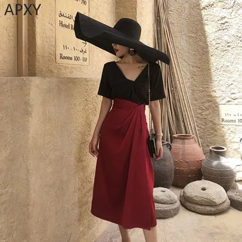 

2020 Spring Skirts High Waist Irregular Ruffles Female Fashion Red Side Split Women Summer Skirts Office Ladies Pleated Skirts