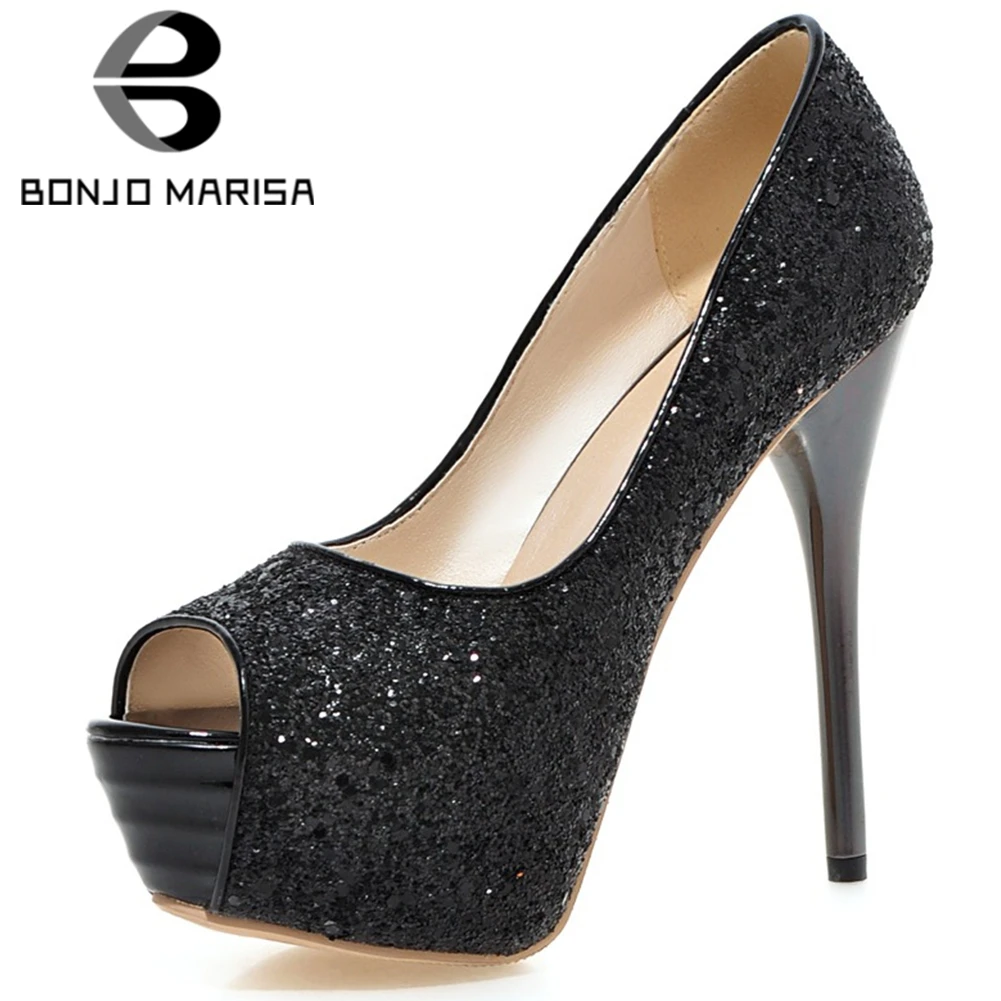

BONJOMARISA New Ladies Fashion Party Glitters Pumps Spring High Platform Evening Pumps Women Super High Thin Heels Shoes Woman