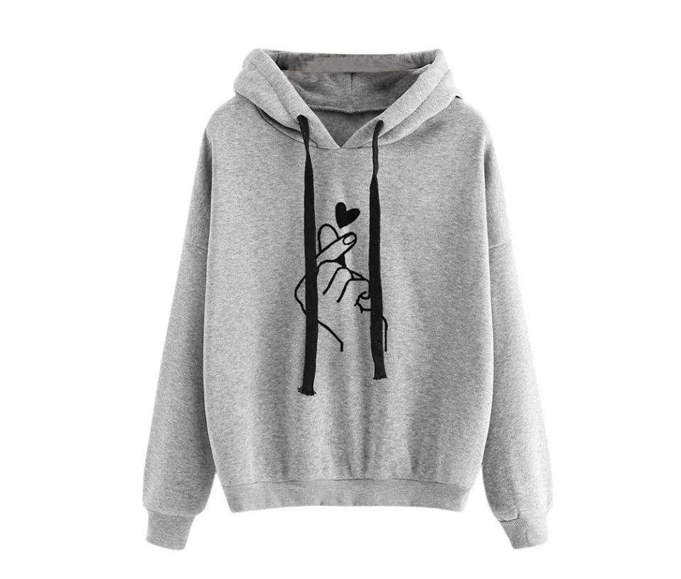 Sweatshirt Hoody Women Pink Ladies Oversize Hoodies Casual Kpop Finger Heart Love Pattern Hooded Sweatshirts Polerones Mujer