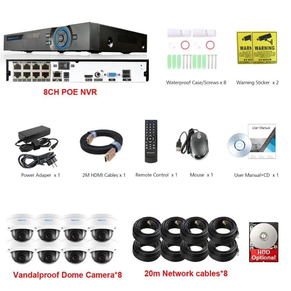 TOPROHOIME H.265+ 8CH POE NVR комплект 48 В 2MP 1080P VandalProof аудио запись звук камеры безопасности 2MP камера ночного видения - Цвет: 8 Camera with Cables