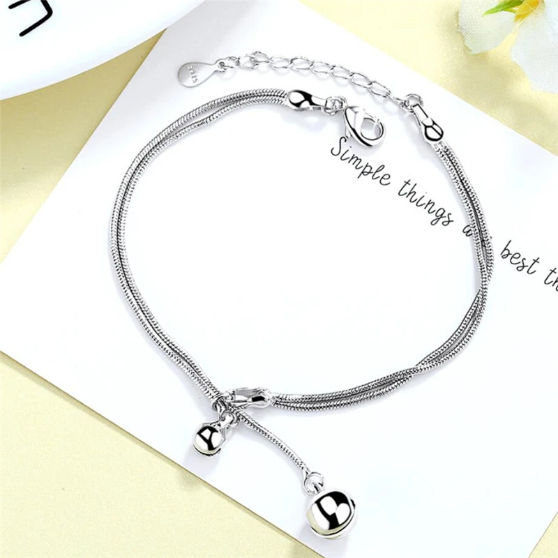 Двухслойный колокольчик-кисточка с эффектом памяти, милые 925 пробы серебряные женские браслеты с изменяемым размером SBR217