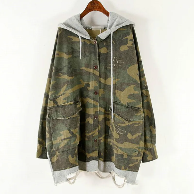 

[EWQ] 2019 Autumn New Pattern Hooded Collar Long Sleeve Camouflage Print Patchwork Single Breasted Vintage Coat Women AH438