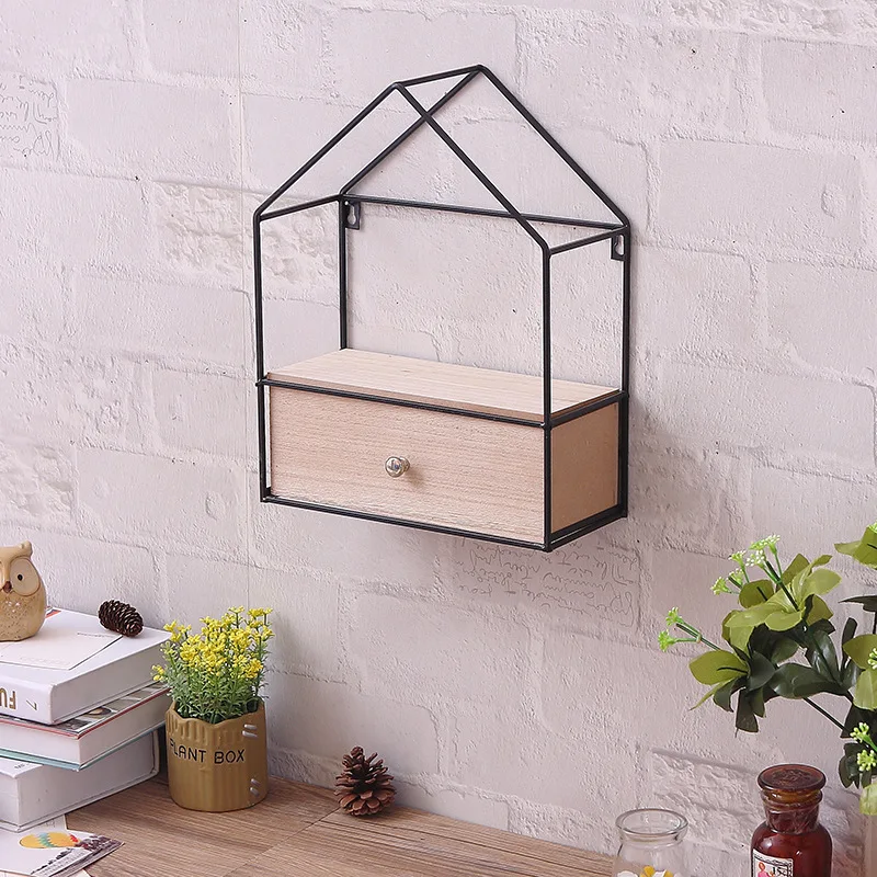 

Creative-DIY Triangular House Drawer-type Storage Cabinets Iron Art Solid Wood Wall Hangers Storage Shelf Cabinet Place of Origi
