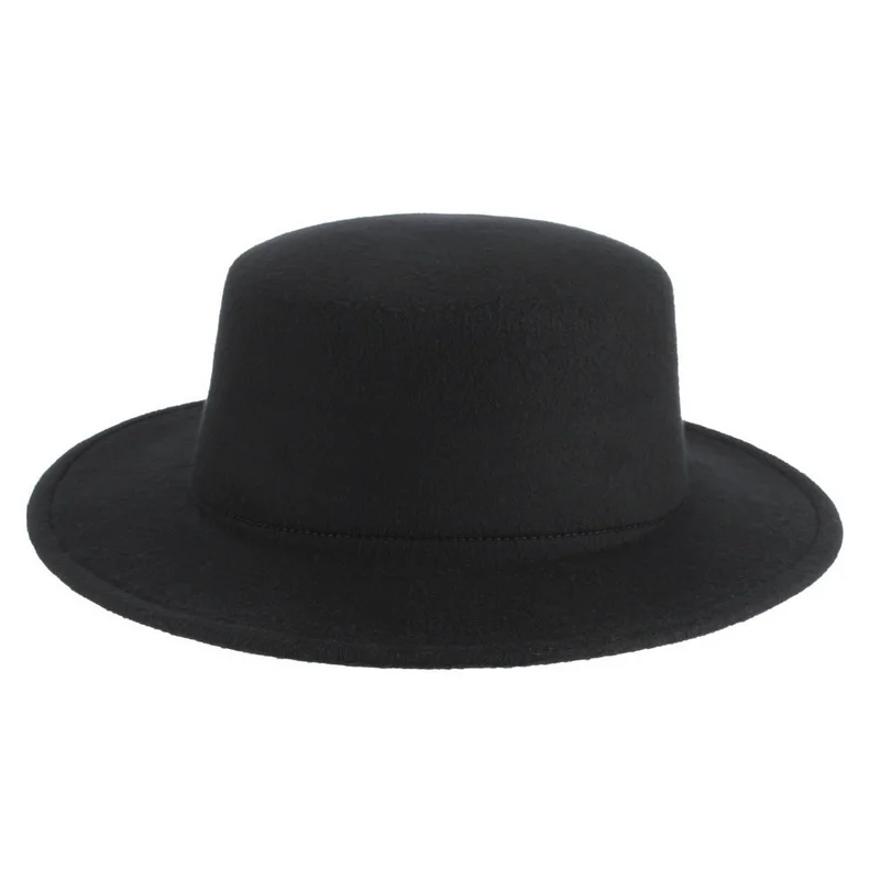 

NEW Fashion Boater Flat Top Hats For Women Men Felt Wide Brim Fedora Hat Black Panama Jazz Cap Lady Elegant Bowler