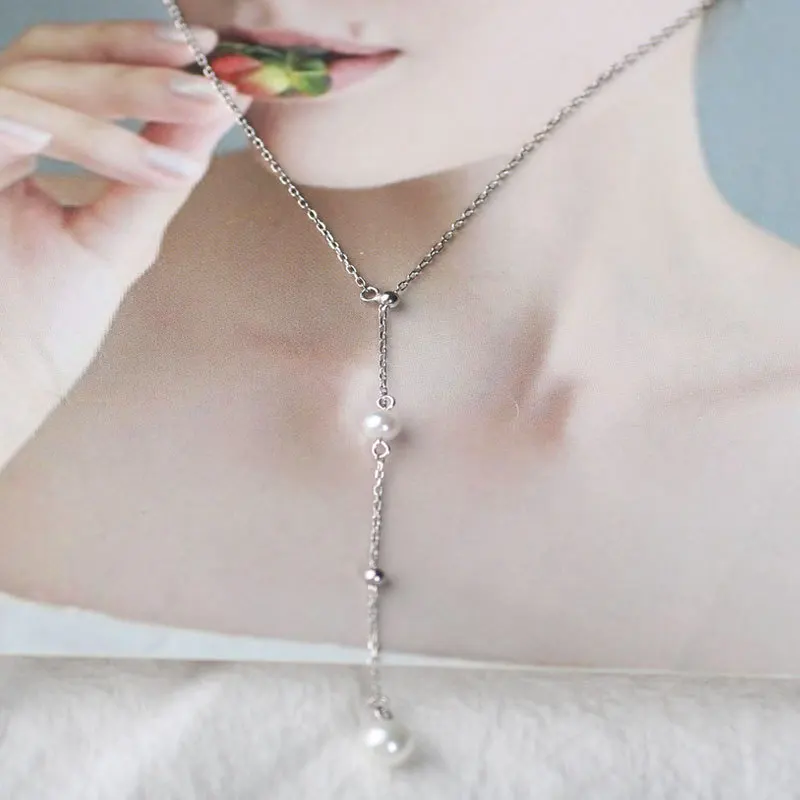 

Pearl Spacer Beads Necklace S925 Quintana Fine Silver Shell Pearls guang mian zhu Necklace Long Simple Elegant-Style 7291