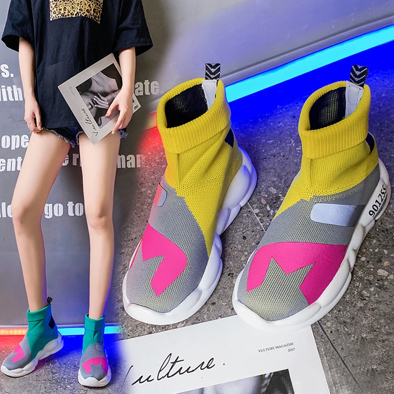 Spring Boots Shoes Woman Flats Sock Elastic Lightweight Shoes Casual Female Colorful Knit Sock Summer Mix Color Shoes