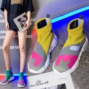 

Spring Boots Shoes Woman Flats 2019 Sock Elastic Lightweight Shoes Casual Female Colorful Knit Sock Summer Mix Color Shoes