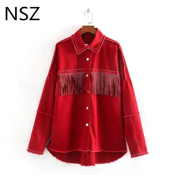 

NSZ women denim blouse rivet tassel oversized jeans jacket shirt top long sleeve turn down collar female top blusa streetwear