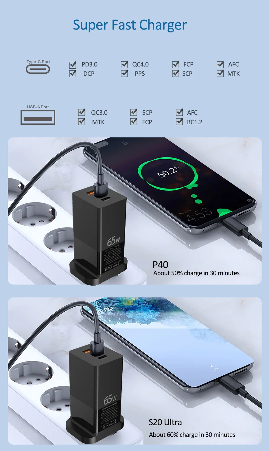 Carregador de Carga Carregador com qc Rápido para Todos os Móveis 3.0 tipo c Frete Grátis Rápida 4.0 pd Usb 3.0 Portátil Carregador 65w Gan 4 High Quality Telefonia e Comunicação