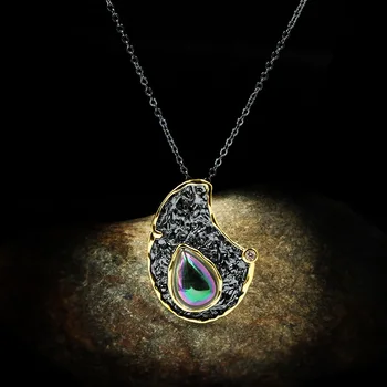 

New Retro 925 Sterling Silver Water Drop Mystery Stone Pendant Necklace Handmade Black Gold Sweater Necklace Chain for Women