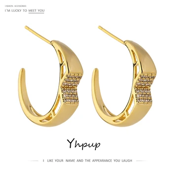 

Yhpup kpop Geometric CZ Stud Earrings for Women Pendientes Mujer Moda 2020 Golden Copper High Quality Cubic Zirconia Earrings