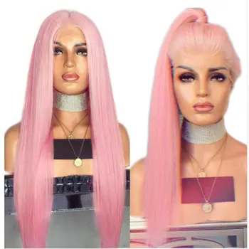 

Bomshell Synthetic Hair Lace Front Wig Pink Straight Heat Resistant Fiber Hair Natural Hairline Middle Parting For Women Wigs