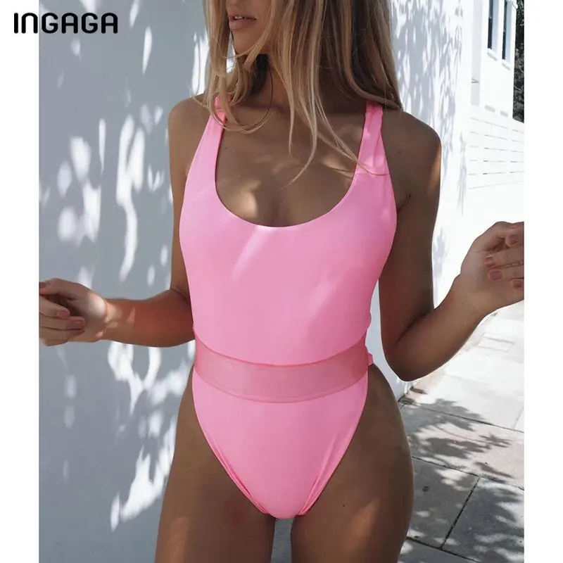 

INGAGA Solid Neon One Piece Swimsuit Extreme High Cut Bodysuit Sexy Backless Swimwear Women 2020 New Bathing Suit Women's