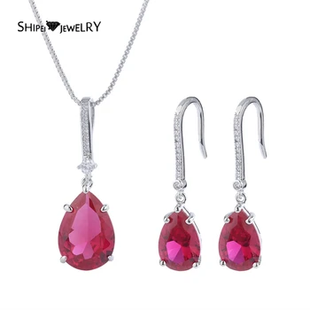 

Shipei Vintage 925 Sterling Silver Water Drop Ruby Gemstone Dangle Earrings/Pendant/Necklace Wedding Engagement Jewelry Sets