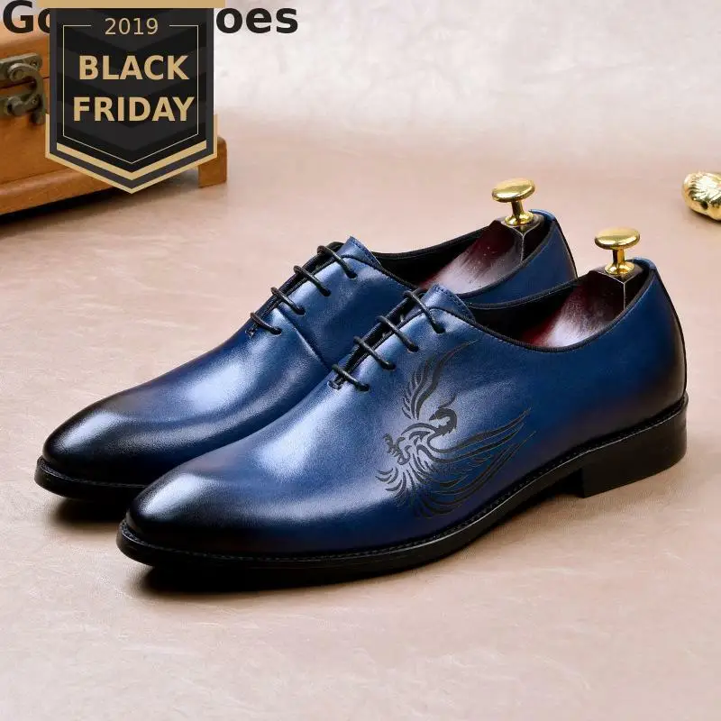 Whole-cut Men Oxfords Shoes Cow Leather Carved Black Blue Leather Shoes Dress Formal Men Office Shoes For Wedding Party Business