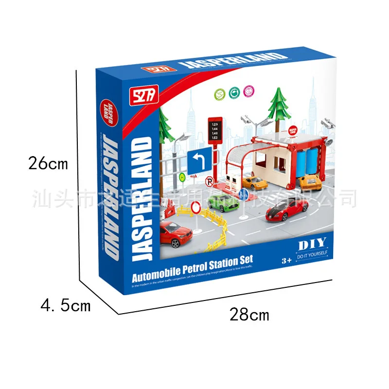 

Self-Loading DIY Assembled Gas Station Scene Model Furnishings with 2 of Alloy Car Children'S Educational Toy