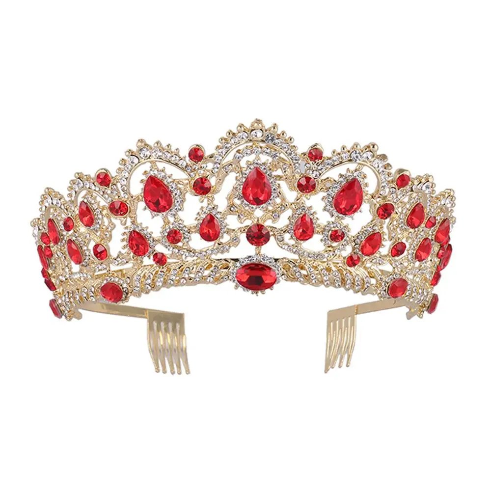 1Pcs Red Crown Барокко Винтаж золото красный зеленый синий кристалл свадебные ювелирные наборы колье ожерелье серьги корона тиара Африканский бисер ювелирные наборы - Окраска металла: 1Pcs Red Crown
