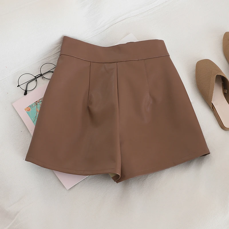 HELIAR PU Leather Shorts Women High Waist Buttons Sashes Chic Shorts Wide Leg Outwear Shorts Fall INS Hot Shorts Women