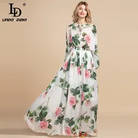 LD LINDA DELLA Summer Fashion Runway Boho Maxi Dresses Women's Long Sleeve Rose Flowers Print Holiday Elegant Party Long Dress 1