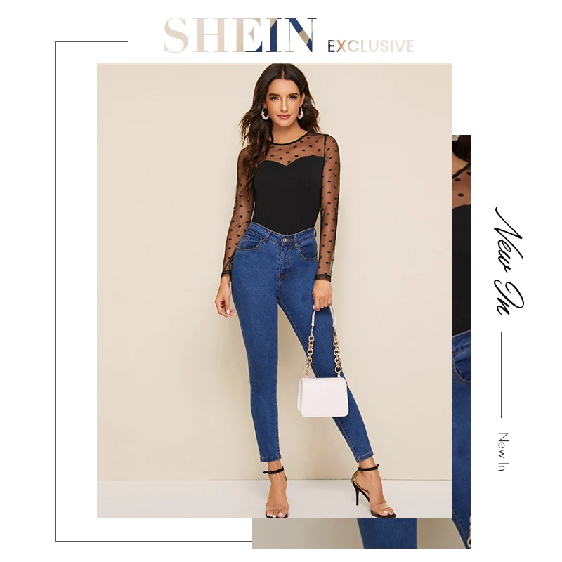 SHEIN черная сетчатая облегающая футболка с открытыми плечами, Женская Осенняя элегантная Офисная Женская футболка с длинными рукавами, Прозрачные топы