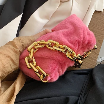 

Faux Fur Shoulder Bags for Women 2020 Winter Soft Warm Small Hand Bag Women's Branded Trending Chain Handbags and Purses