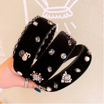 

Korean Fashion Black Velvet Wide Side Hairband Rhinestone Retro Headband Pearl Hair Bands for Women Hair Hoop Hair Accessories