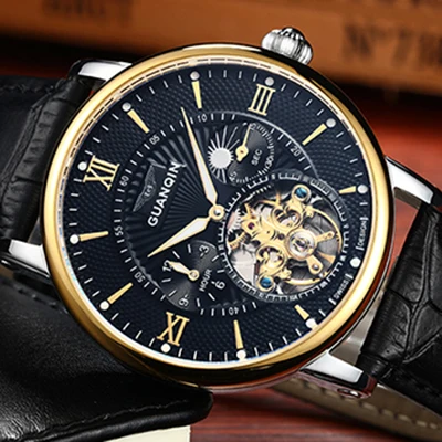 GUANQIN Мужские механические часы automatic Tourbillon Relogio Masculino золотистый верх брендовые роскошные кожаные Наручные часы со скелетом 16036 - Цвет: D