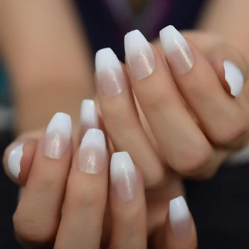

White Transparent Ombre Coffin Nails Holographic Glitter Decorative False Nail Art Tips Medium Size Pre-designed 24Pcs