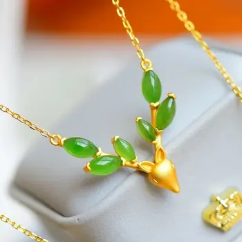

Silver inlaid natural Hetian jade elk Head Pendant Necklace Chinese style retro charming women's Christmas Halloween Gift