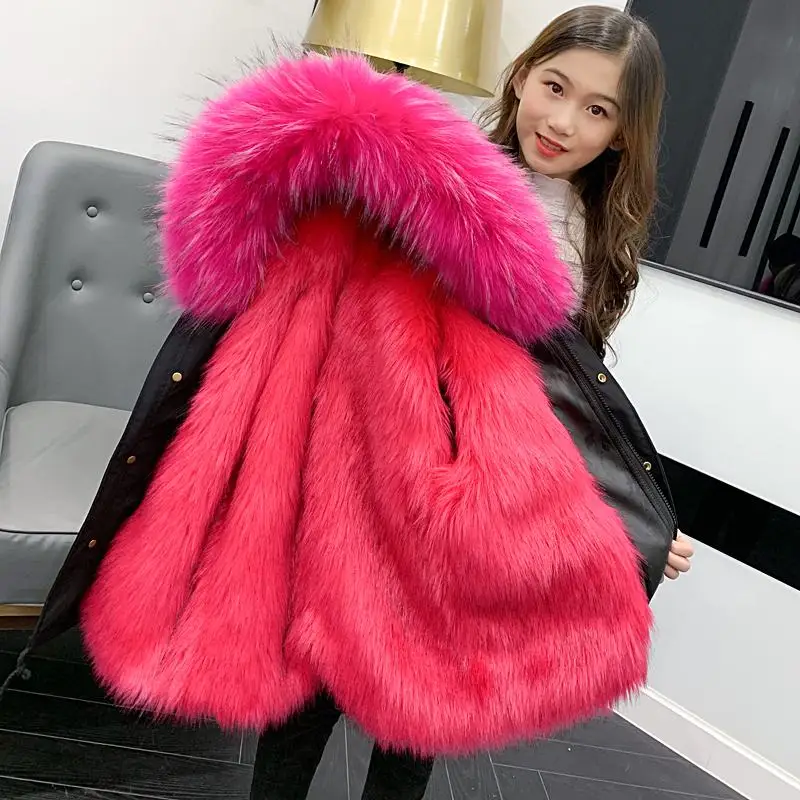 Winter CHildren Girls Faux Fur Liner Parkas Kids Girls Thick Warm Hooded Detachable Jacket Teenage Fashion Long Outwear K39