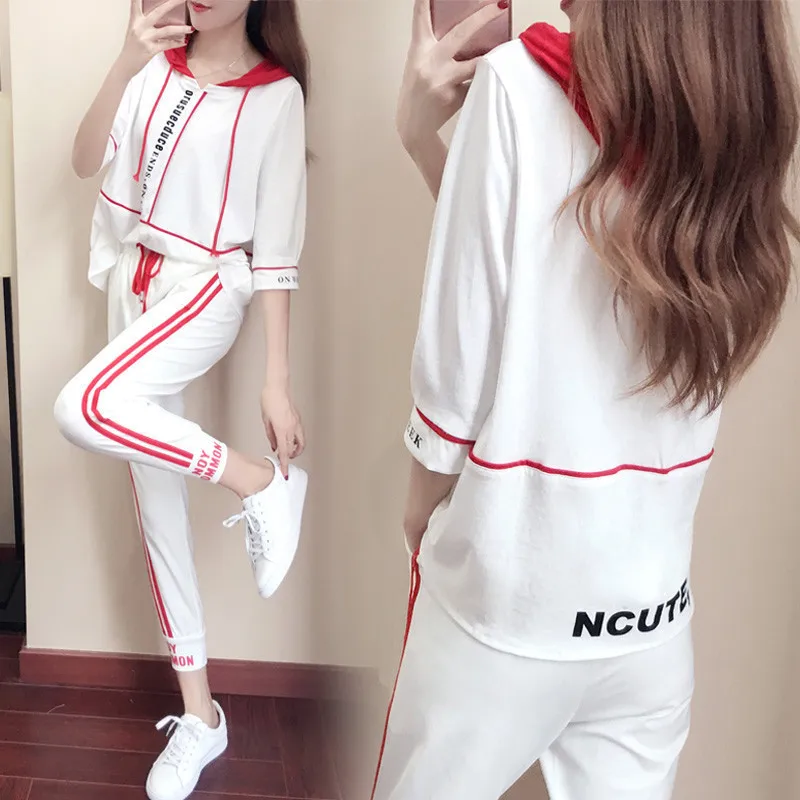 

-2019 Summer New Style Korean-style Half-sleeve Shirt Hoodie WOMEN'S Ninth Pants Two-Piece Set Sports WOMEN'S Suit