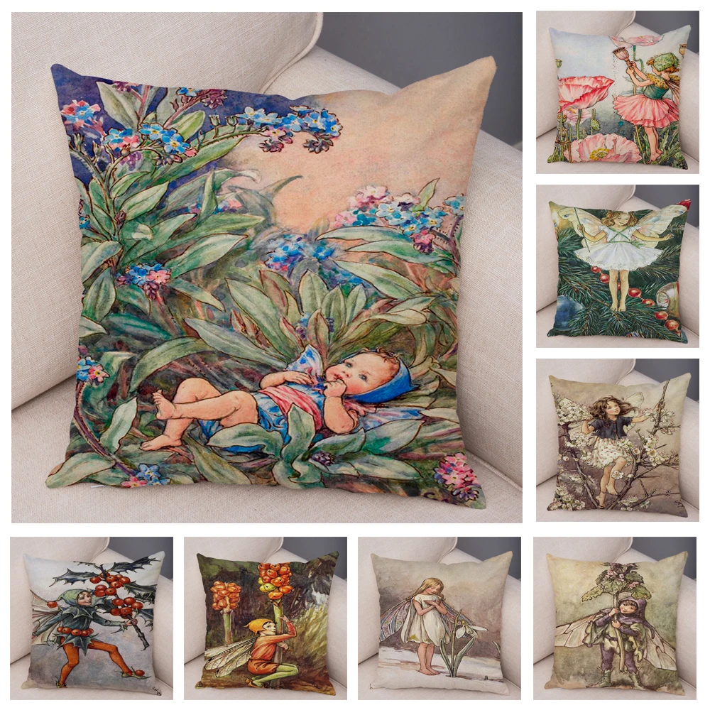 

Vintage Cartoon Elves Cushion Cover Decor Colorful Fairy Tale World Pillow Case Short Plush Flower Girl Pillowcase for Sofa Home