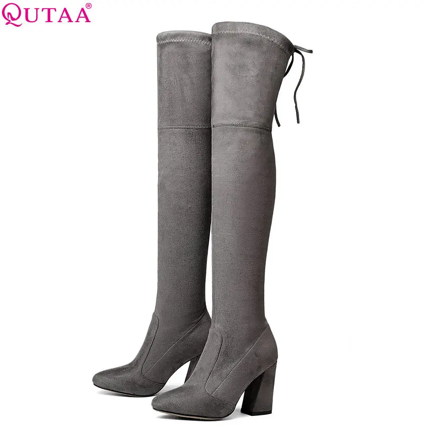 Tanie QUTAA 2020 kobiety ponad buty do kolan krótkie pluszowe wewnątrz utrzymać ciepłe zimowe moda Sexy kopyt obcasy kobiety rozmiar butów 34 43